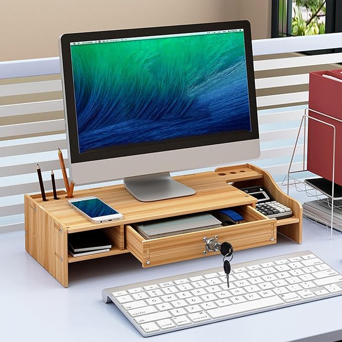 Monitor Stand Riser - Desktop Organizer with Drawer Organization, Durable Design with Multi-Use Function, Computer Monitor Riser for Laptop, Printer, TV, Storage, Dorm, 19.21 Inch