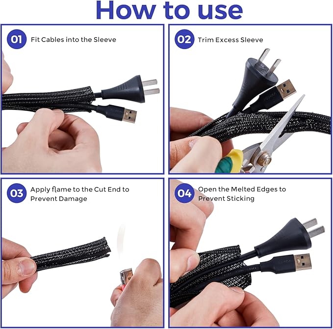 Cable Management Sleeves 1in - 2 Pack 4.1ft Split Braided Cable Sleeve Black, Hard PE Cord Protectors from Pets, Wire Organizers for Cords, Flexible Cord Wrap Wire Sleeve for Computer Cord Organizer