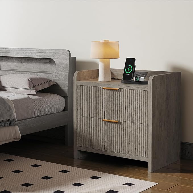 Fluted Nightstand Set of 2, 23.6" Modern Night Stand with Charging Station, Bedside Table with 2 Drawers, Modern Wood Night Stand Set 2 for Bedroom, Living Room, Grey
