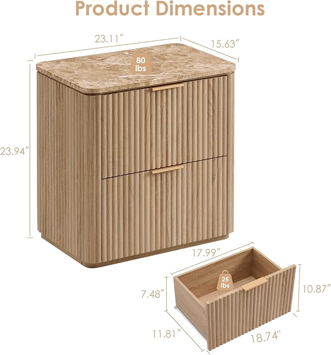 Fluted Nightstand Set of 2, Bedside Table with 2 Drawers, Engineered Wood End Table with Faux Marble-Top, Curved Corners, Metal Handle, Modern Night Stand for Bedroom, Small Spaces, Natural Oak