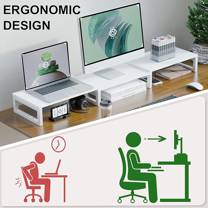 TEAMIX Desk Organizer Dual Monitor Stand Riser, Adjustable Computer Stand 45.5'' Long Desktop Shelf Office Organizer for Laptop,Printer,File,Keyboard Storage Ergonomic Design (White)