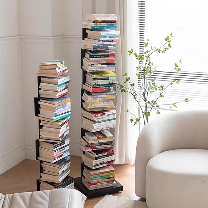 Invisible Vertical Spine Bookshelf Tower,Tall Narrow Metal Bookshelf for Small Space,Corner Floor Standing Book Organizers for Living Room, Office, Entryway(6 Tier, Black)