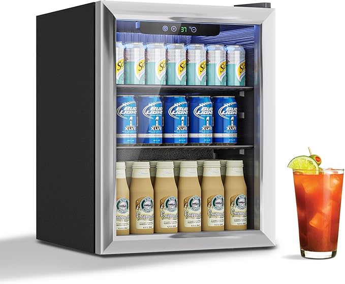 1.7 Cu.Ft Mini Fridge for 76 Cans, Beverage Refrigerator with Glass Door and Digital Display, Small Drink Fridge for Soda, Beer, or Wine, Adjustable Shelves, Compact Fridge for Bedroom Office