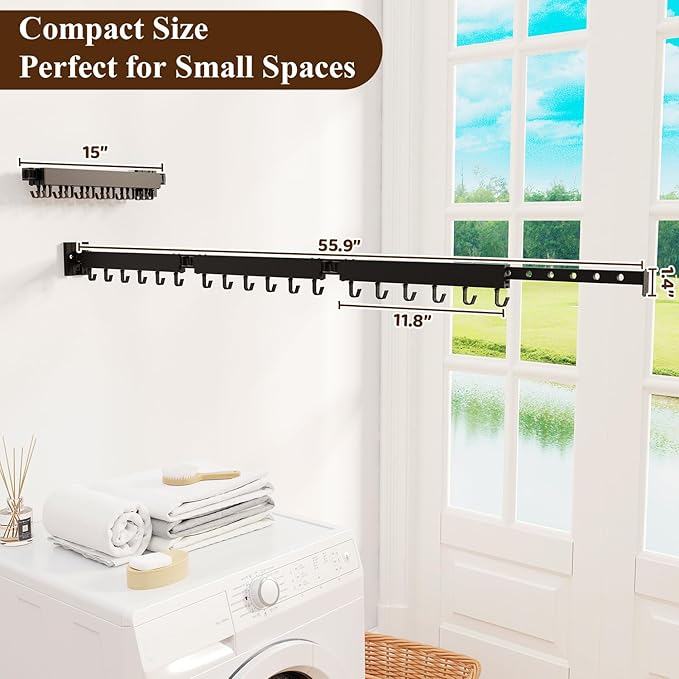 SVELTHOME Clothes Drying Rack Wall Mounted, Foldable Laundry Drying Rack,Retractable Tri-Fold Space Saver for Laundry Room Bathroom (Black)