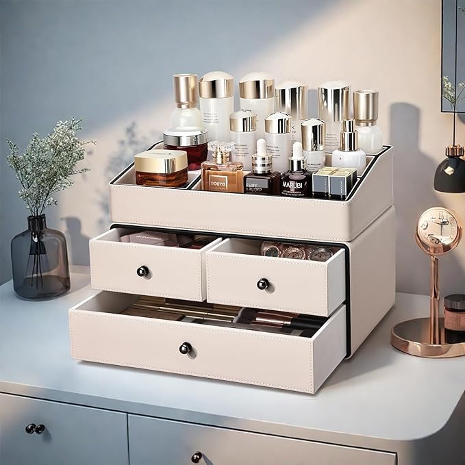 KINGFOM Leather Makeup Organizer with 3 Drawers, 2 Tier Cosmetic Storage Organizer for vanity Dresser Countertop and Bathroom Vanity, Beauty Holder for Lipstick Brush Skincare (Beige)