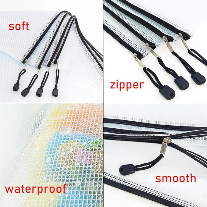 AUSTARK 20 Pcs Zipper File Bags, Plastic Mesh Pouch, Board Game Storage, Waterproof Bags for Office School (B6 Size 7.6''x5.3'', White and Black)