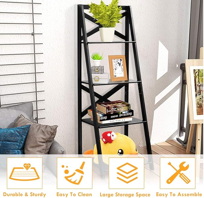 Tangkula 4-Tier Ladder Shelf Bookcase Leaning Free Standing Wooden Frame Decor Bookshelf Storage Flower Shelf Plant Display Shelf for Home Office (1, Black)