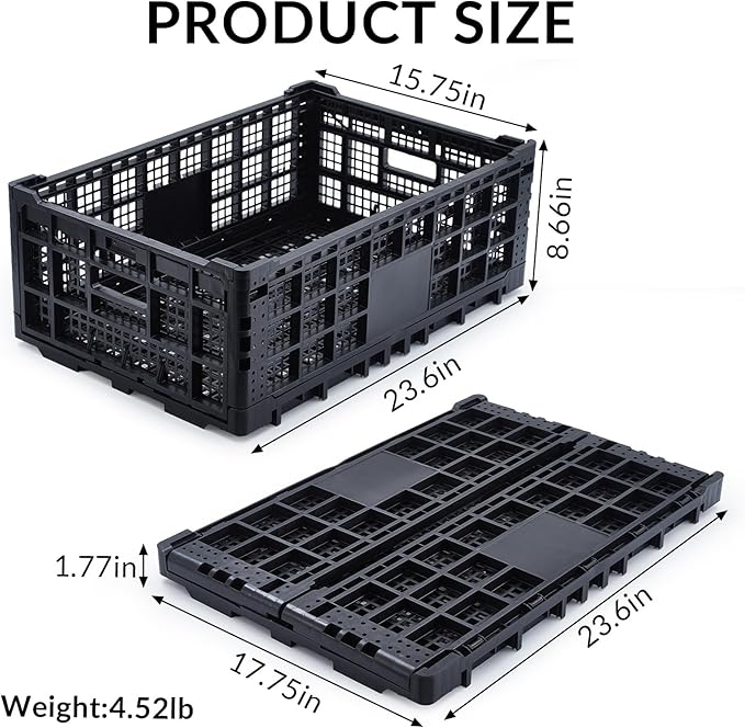 Collapsible Storage Bin Containe, 52 Liter Heavy Duty Transfer Box, 23.6" l x 15.7" w x 8.6" h Plastic Crate for Transit and Storage of Various Items