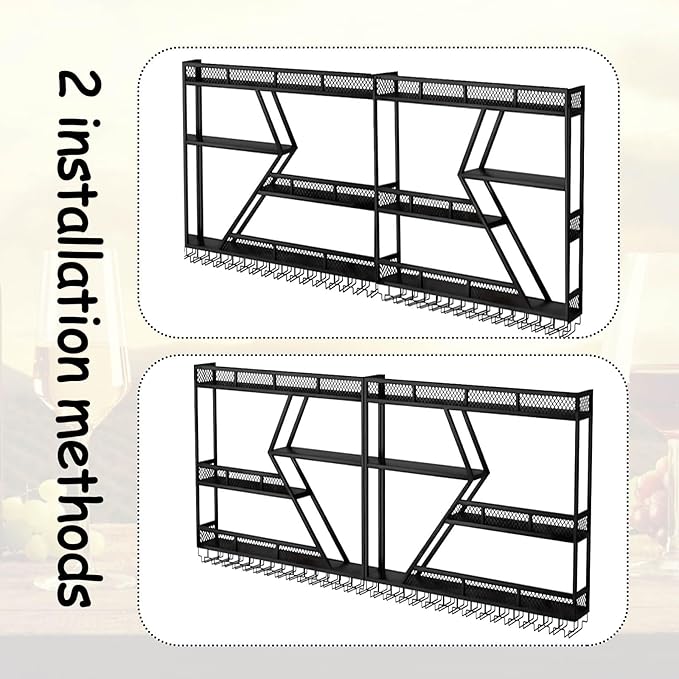 79in Wall Mounted Wine Rack, Large Metal Wine Bottle Holder, 3 Tier Modern Fashion Diamond Shaped Floating Bar Unit Wine Storage Shelves, for Home Restaurant Bars Decor (Black, 3 Tier - 79in)