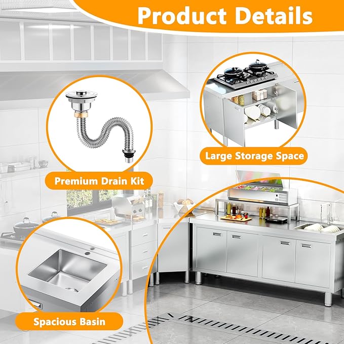 WWK 59" x 21" Stainless Steel Sink with Cabinet, Freestanding Utility Sink Laundry Sink, Heavy Duty Commercial Kitchen Sink for Outdoor, Restaurant, Hotel, Cafe, and Garage, 21D x 59W x 35H inches