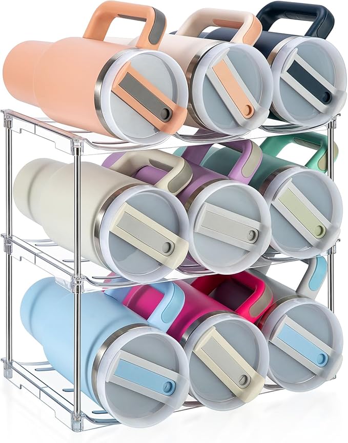 Water Bottle Organizer for Stanley 40 oz Tumbler, Stackable Tumbler Storage, 3 Pack Water Bottle Organizer for Cabinet, Pantry Kitchen Storage & Organization for Stanley Cup - Hold 9 Bottles