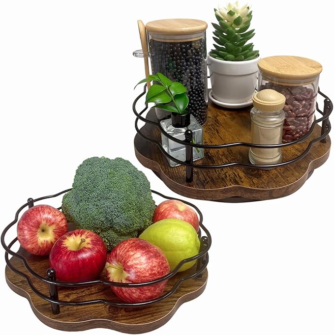 2 Pack, 11" & 12" Wooden Lazy Susan Turntable with Higher Metal Sides, 360° Rotating Lazy Susan Organization and Storage for Cabinet, Table Top, Kitchen, Countertop, Dining Table, Pantry, Coffee Bar