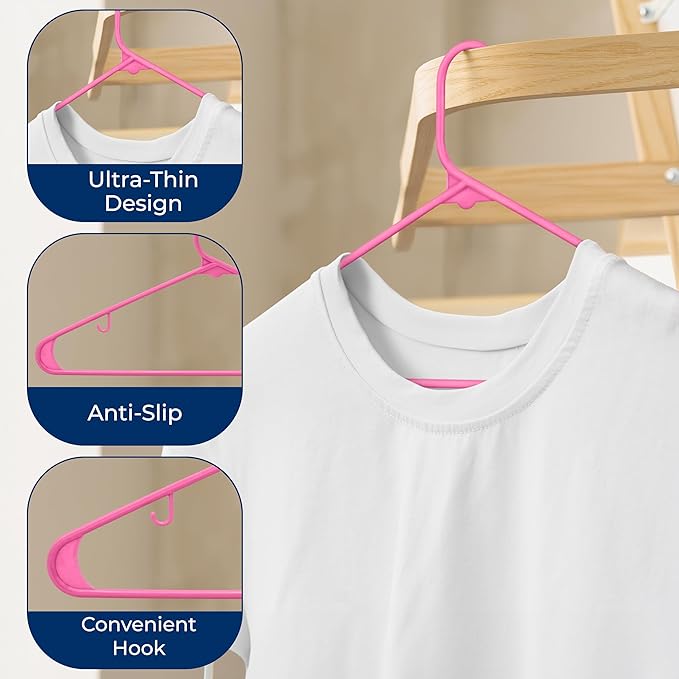 SereneLife 50 Pack Plastic Hangers, Non-Slip, Space-Saving Closet Organizers, Durable and Strong for Shirts, Sweaters, Hoodies, Kids Clothes & Dresses, Ultra-Thin, Lightweight