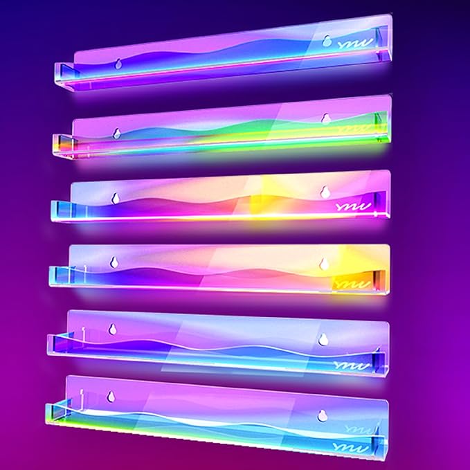 YMVV 15" Nail Polish Rack Wall Mounted Shelf,6 Pack Clear Rainbow Iridescent Acrylic Organizer Nail Supplies for Nail Techs,Great Display for Salons Retailers