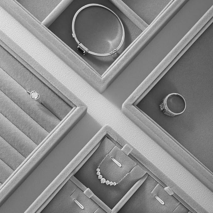 Velvet Stackable Jewelry Display Tray, 12 Grid Watch Bangle Bracelet Storage Tray, Makeup Drawer Insert Jewelry Shop Organizer Plate (Gray)