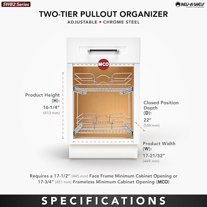 Rev-A-Shelf 2-Tier Kitchen Cabinet Pullout Shelf and Drawer Organizer Slide Out Pantry Storage Basket in Multiple Sizes, 18 x 22 In, 5WB2-1822CR-1