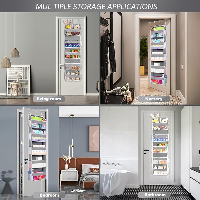 2 Pack Over The Door Storage Organizer with 5 Pockets 10 Mesh Side Pockets, 44 lbs Weight Capacity Door Hanging Organizers and Storage for Bedroom,Bathroom,Nursery,Pantry,Dorm(Light Gray)