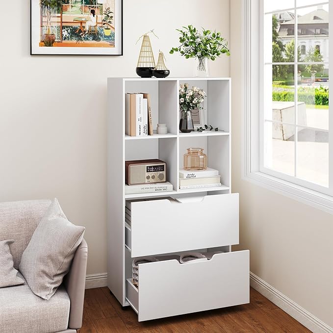 Giantex Bookshelf with 4 Cubes & 2 Drawers, 51” Tall Floor Bookcase with Anti-tip Kits, Freestanding Display Rack Storage Organizer for Study, Living Room, Home Office (White)