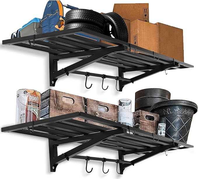 2-Pack 1X4 FT Garage Shelving Wall Mounted Holds Up to 800 Lbs Heavy Duty Wall Shelf, Black Metal Floating Adjustable Wall System Shelves for Garage Storage, Shed