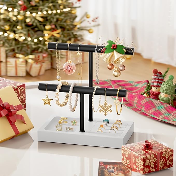SZQINJI Bracelet Holder Organizer Jewelry Display Stand, Solid Wood Base with 2 Tier Metal T-bar for Bracelet Wristband Bangle Watch Necklace Hanging, White, Christmas Gift
