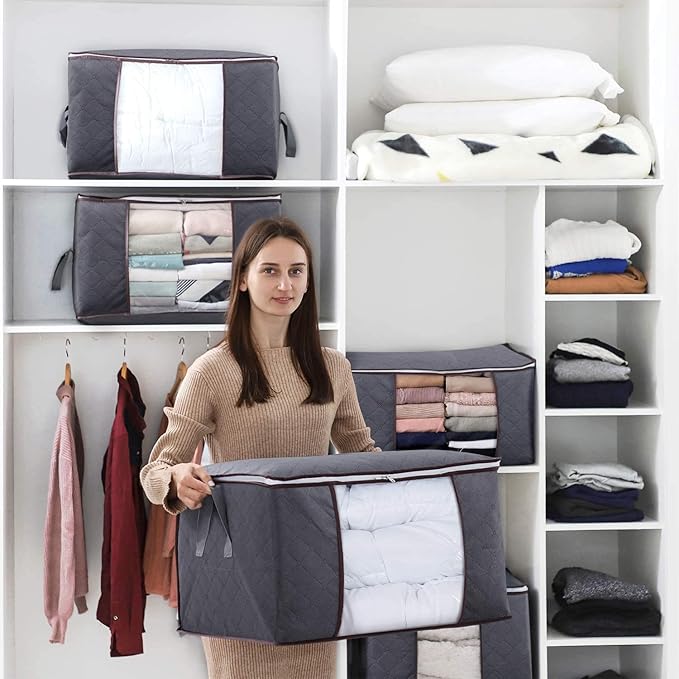Lifewit 90L Large Storage Bags, 6 Pack Closet Organizers and Storage, Clothes Storage Bins with Lids, Foldable Storage Containers with Reinforced Handles for Clothing, Blanket, Bedding, Comforter Gray