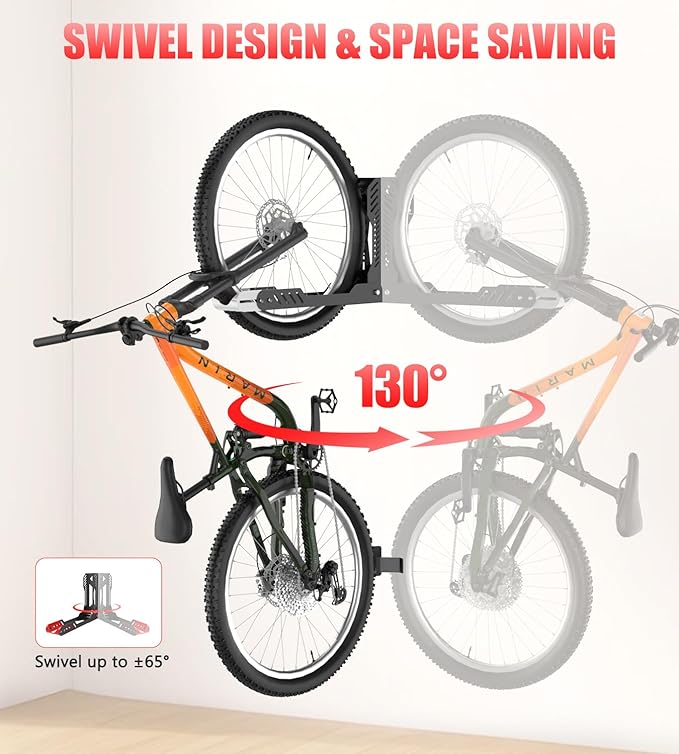 Swivel Bike Wall Mount, Space Saving Bike Rack Garage, No Heavy Lifting Required Bicycle Wall Mount, Vertical Wall Bike Hanger Can Holds up to 77 lbs, Black