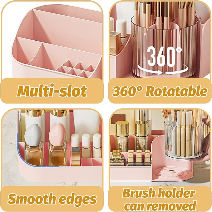 DASITON Large Capacity Makeup Organizer with 360° Rotating Makeup Brush Holder, Perfume and Skincare Storage Organizers for Vanity Bathroom Countertop, Cosmetic Display Case (Pink, 2 Tier)