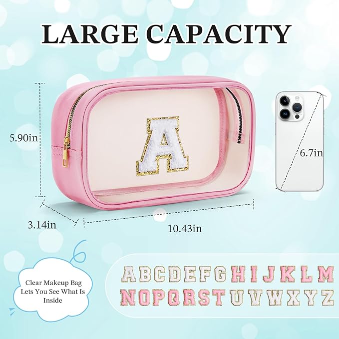YOOLIFE Travel Toiletry Bag for Women, Pink Clear Makeup Bag Cute Make Up Bag Cosmetic Bags Skin Care Makeup Bag Organizer Birthday Gifts for Women Teacher Mother Girlfriend Initial P