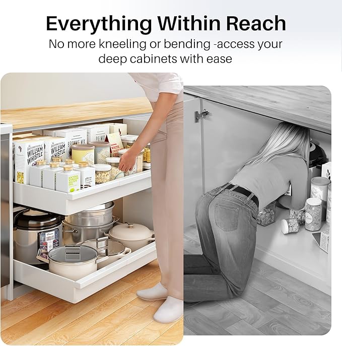 Pull out Cabinet Organizer, 1-Pack Expandable(13.6"-24") Silde out Drawers with Raising Pad for Framed Cabinets, Adjustable Full-Extension Adhesive Roll out Shelves for Kitchen Pantry Home Pot and Pan