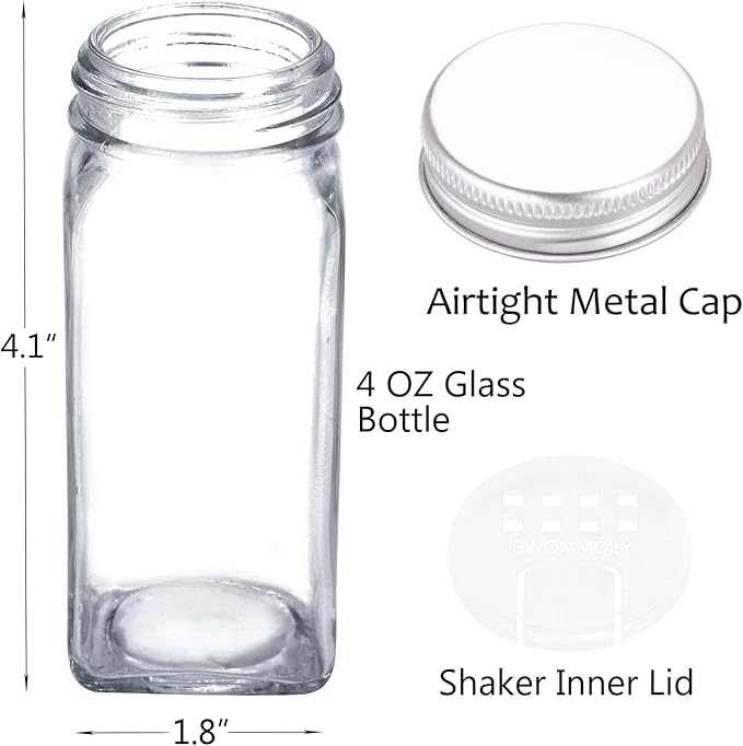 SWOMMOLY 30 Glass Spice Jars 4oz/Square Spice Bottles with 703 Spice Labels, Empty Spice Containers with Pour/sift Shaker Lid, Airtight Cap, Chalk Marker and Funnel Complete Set