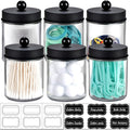 Amolliar 6Pc Apothecary Jars Bathroom Vanity Organizer- Rustic Farmhouse Decor Storage Canister with Stainless Steel Lids- Qtip Dispenser Holder for Q-Tips,Cotton Swabs,Rounds,Ball,Flossers (Black)