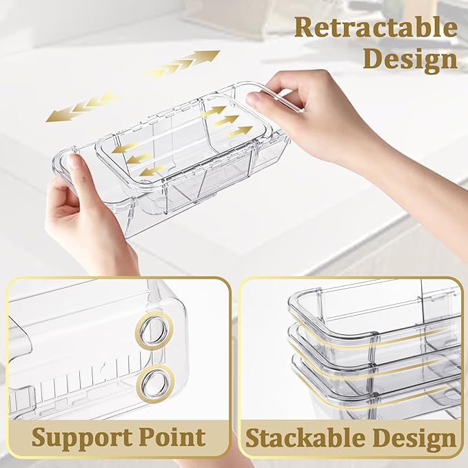 14 Pcs Adjustable Clear Drawer Organizer, Extendable Vanity Storage Bins, Desk Drawer Organizer Set for Makeup, Cosmetics, Bedroom, and Gadgets, Clear
