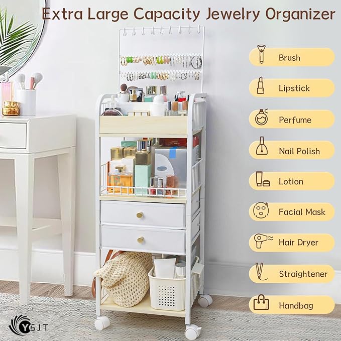 YGJT Makeup Organizer, Floor Skincare Cosmetics Organizer with Drawers, Jewelry Organizers and Storage for Earring Necklace, Vanity Organizer for Skin Care Perfume Makeup Brush Nail Polish Hair Tool