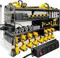 Heavy Duty Power Tool Organizer Wall Mount with Charging Station, 4 Layer Tool Storage Rack with 8 Drill Holder & Power Strip for Garage Workshop