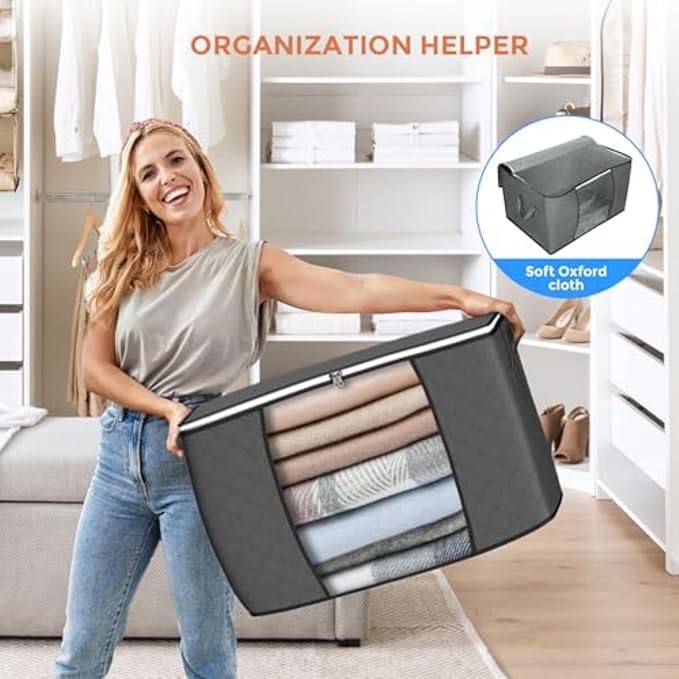 Budding Joy 90 L Large Storage Bags, 10 Pack Clothes Storage Bins Foldable Closet Organizers Storage Containers with Reinforced Handle for Clothing, Blanket, Comforters, Bed Sheets, Pillows (Gray)