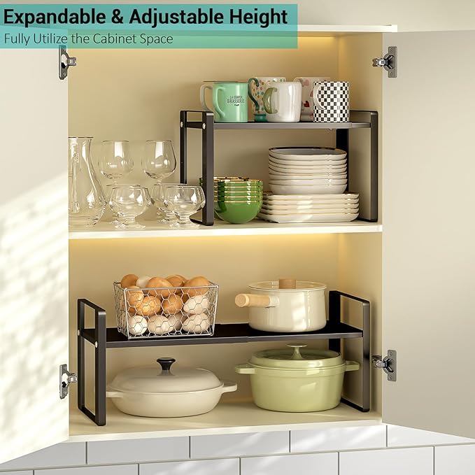 2 Pack Expandable Cabinet Organizer Shelves, 88lbs High Weight Capacity, Stackable Heavy-Duty Metal Storage Rack, Adjustable Cabinet Shelf for Kitchen, Pantry, Cupboard, Under Sink, Black