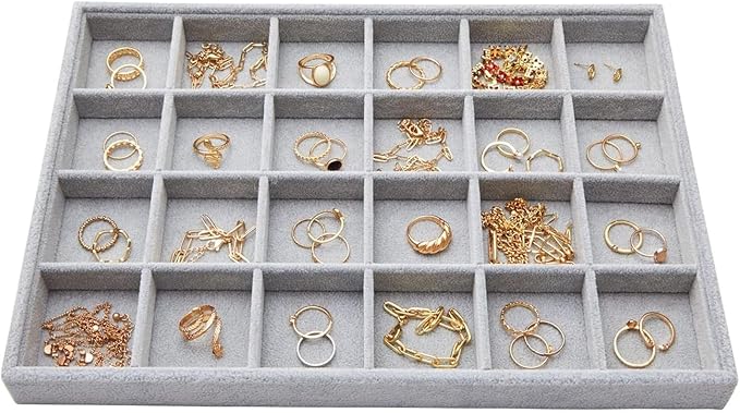 Juvale 2 Pack Velvet Jewelry Organizer Tray for Earrings, Stackable 24 Grid Storage for Rings (Gray, 14x10 in)
