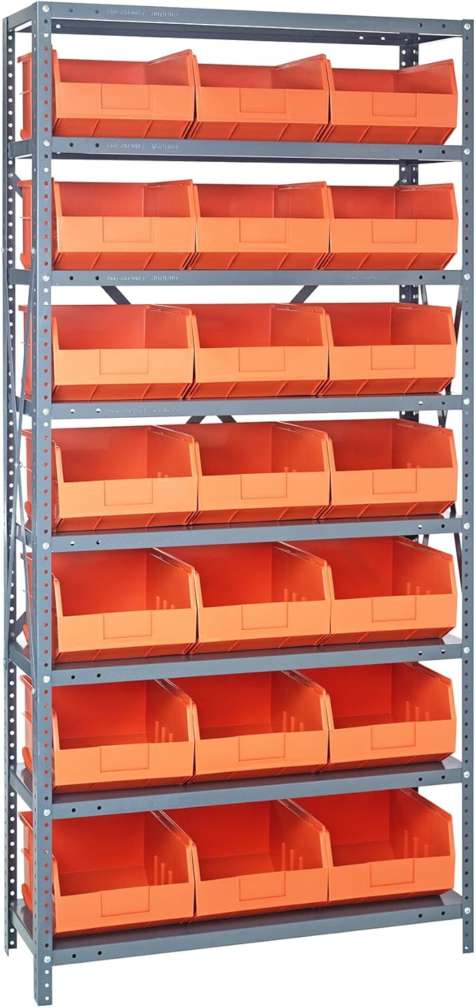 QUANTUM STORAGE SYSTEMS 2475-485OR Solid Heavy Duty 8 Shelves 21 Stackable Shelf Bins Orange Bins 75" H x 36" W x 24" D