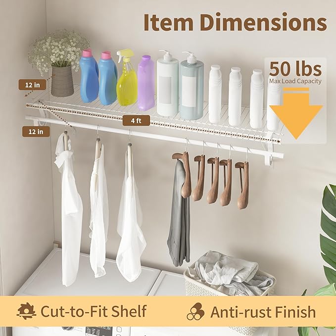 Closet Shelves Wall Mounted with Hanging Rod, 4 Pack 4 ft x 12 in White Wire Shelving Kit, Metal Wall Shelf Organizer for Home, Pantry, Laundry Room Storage