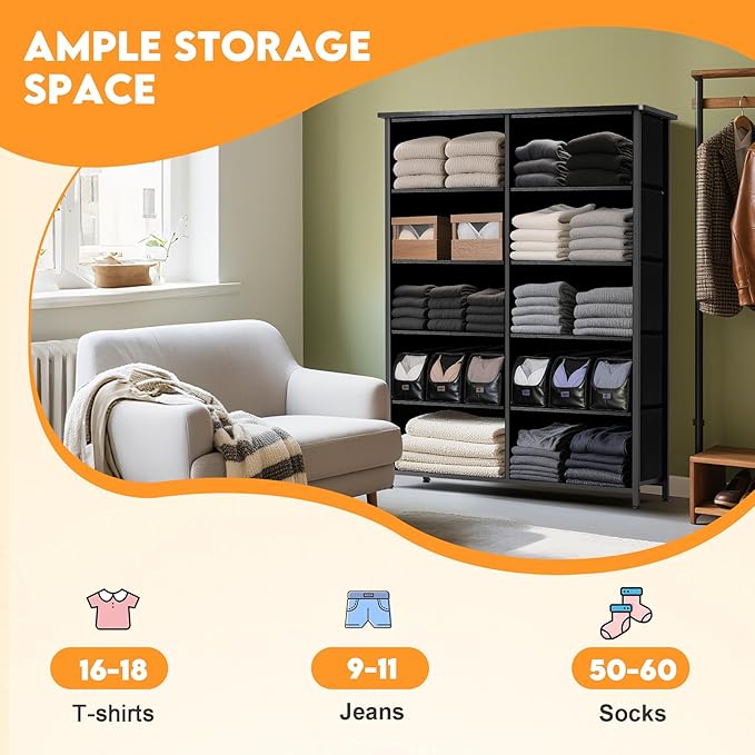 Curved Profile Dresser for Bedroom, Chest of Drawers, 10 Storage Drawers Organizer Unit, Black Dresser with Fabric Bins for Closet, Living Room, Kid Room (Charcoal Black)