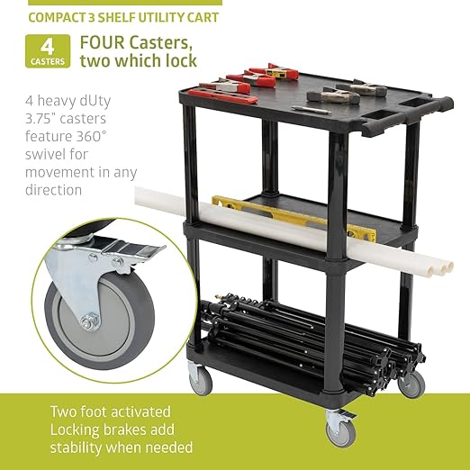 Pearington 3-Tier Compact Multi-Purpose Utility Cart with Lockable Wheels and Ergonomic Handle, Black, 2 Pack