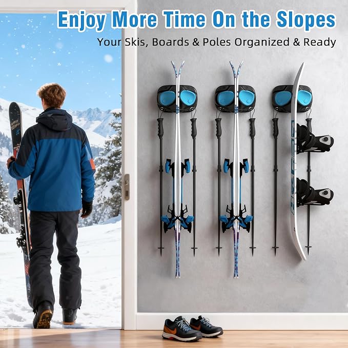 WDZREE Ski & Snowboard Wall Rack for Garage, Fits Any Ski or Board, Ski Wall Mount Garage Organization Holders, Damage-Free Storage Rack, Space-Saving Clamp Winter Gear Organizer, Blue (Blue, 1 Pack)