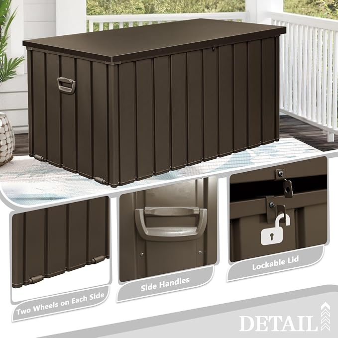 Domi 200 Gallon Metal Deck Box Waterproof, Outdoor Storage Box with Lock Wheels Side Handles Outside Storage Box for Patio Cushions, Shoes & Pool Tools
