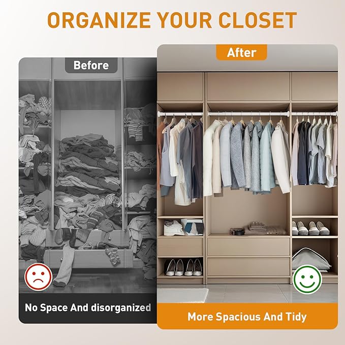 White Adjustable Closet Rod 18-48 Inches, Heavy Duty Metal Clothes Hanging Rod, Rust-Proof Non-Slip Wardrobe Bar for Closet, Laundry Room, RV