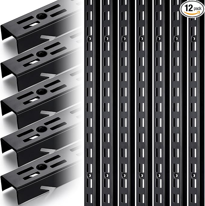 12 Pcs 47.5 Inches Shelf Rails Bracket Track Upright Closet System Hardware Adjustable Wall Standard Shelf Standards for Pantries, Linen Closets, Laundry Rooms, Utility Rooms (Black)