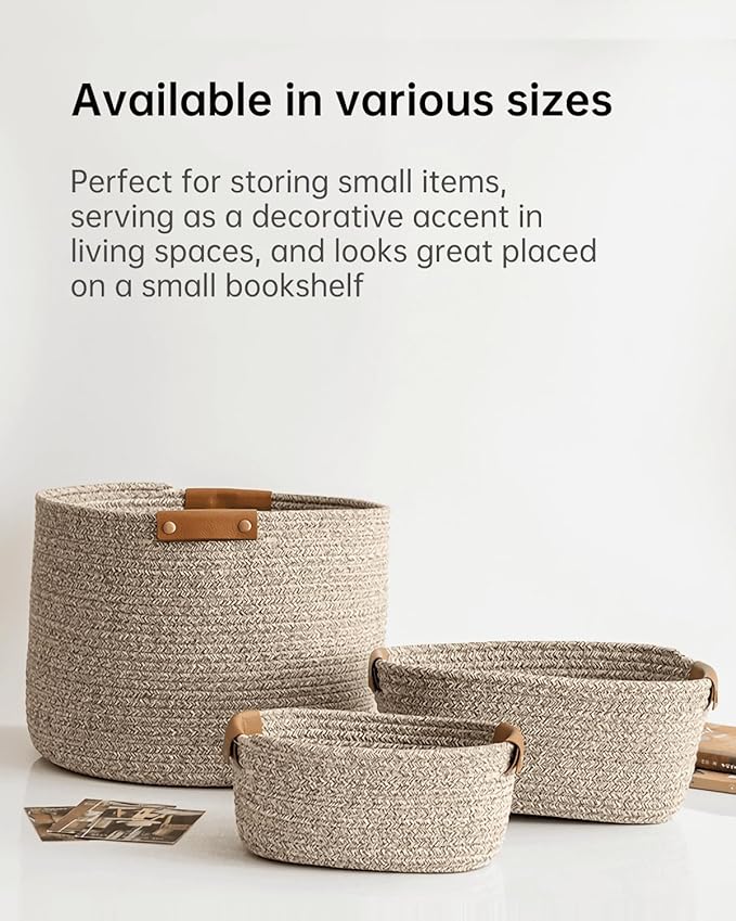 Large Cotton Woven Blanket Basket with PU Leather Handle, Kids Clothes Toys Gifts Organizer, Living Room Basket Bathroom Shower Storage Laundry Basket, White