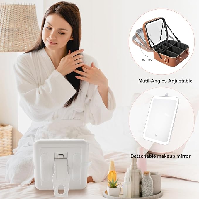 Mocado Travel Makeup Bag with LED Lighted Mirror, Travel Makeup Organizer, Makeup Case with 3 Color Lighted Setting and 10x Magnifying Mirror, Portable Storage and Adjustable Dividers(Orange Brown)