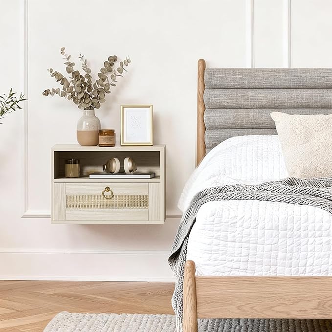 Floating Nightstand with Drawer for Wall Mounted Hanging Rattan Night Stand Bed Side Tables Wooden End Table Small Boho Dressers Farmhouse Shelves for Bedroom
