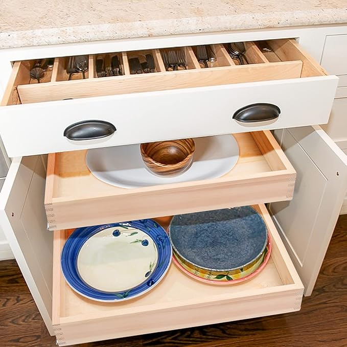 16”W x 21”D x 3‘’H Soft Close Slide Out Wood Drawer Organizer for Kitchen, Finished, (Cabinet Opening>17.5 inches for Bottom Assembly, Opening= 17 inches for Side Assembly)