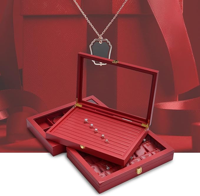 Oirlv Luxury Leather Rings Earrings Organizer Tray with Clear Lid Jewelry Display Box with Acrylic Lid Stackable Jewelry Box Drawer Inserts
